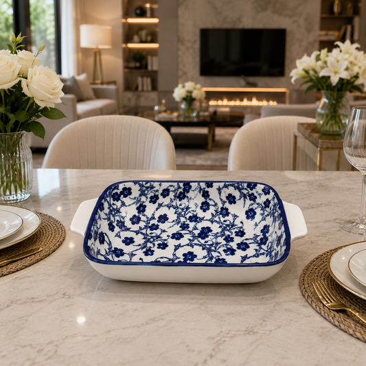 Danny Home Blue Flower 11-Inch Ceramic Casserole Dish