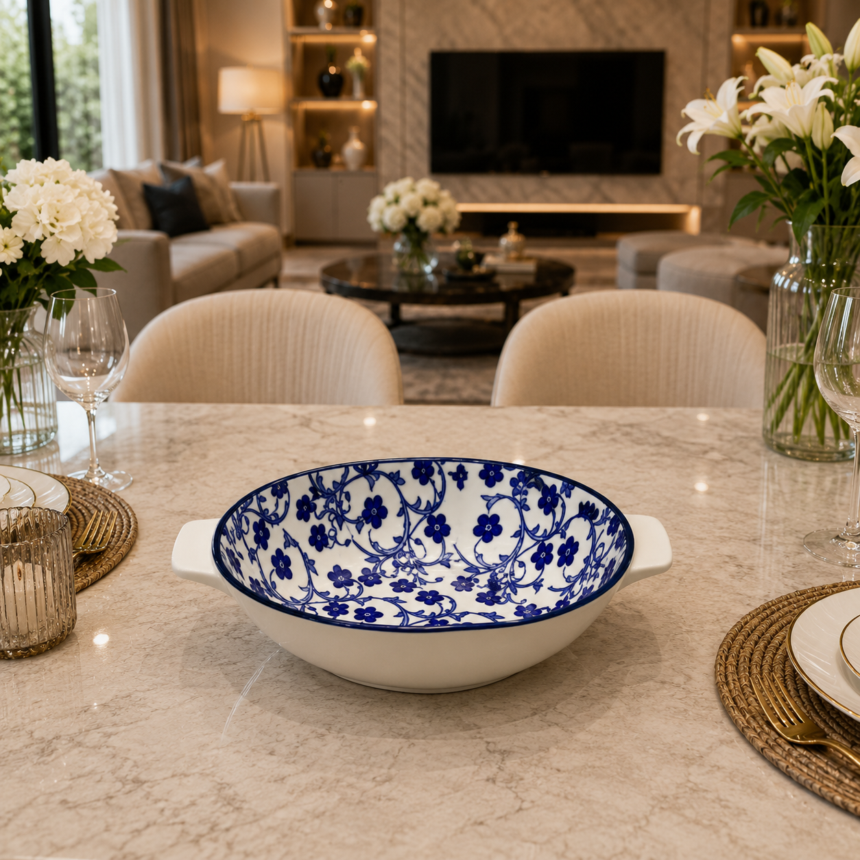 Danny Home Blue Flower 11-Inch Ceramic Casserole Bowl
