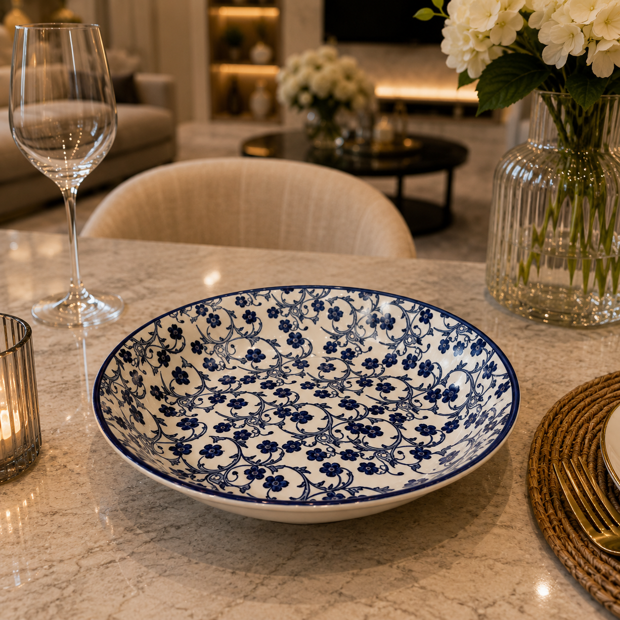 Danny Home Blue Flower 9-Inch Ceramic Deep Plate