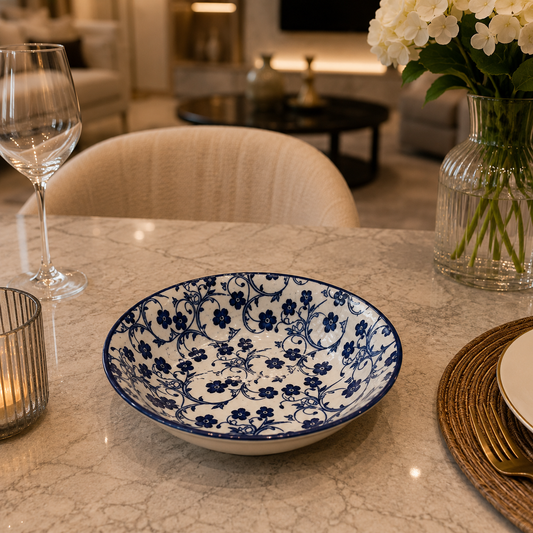 Danny Home Blue Flower 8-Inch Ceramic Deep Plate