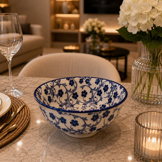 Danny Home Blue Flower 8-Inch Ceramic Salad Bowl
