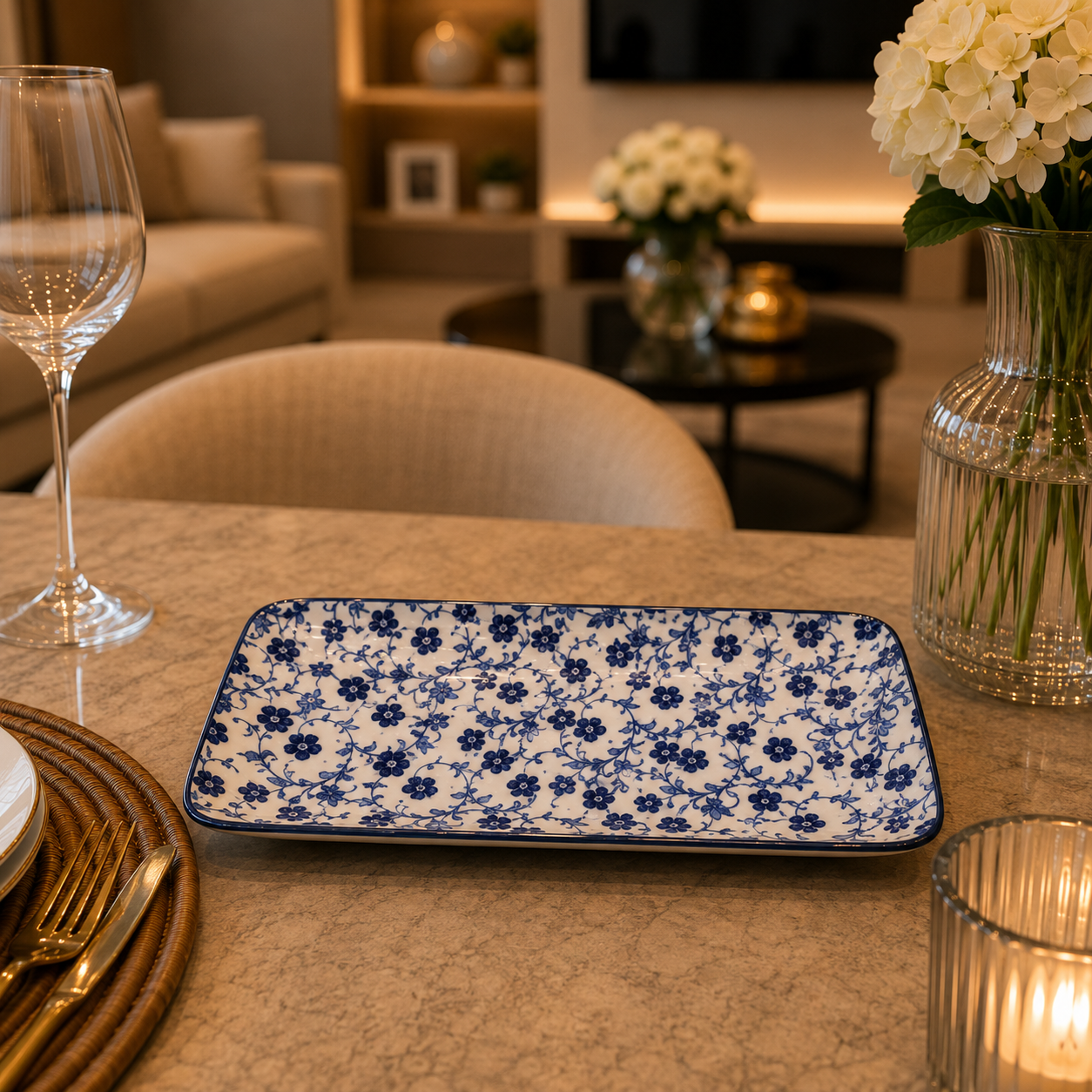 Danny Home Blue Flower 9-Inch Ceramic Rectangular Plate