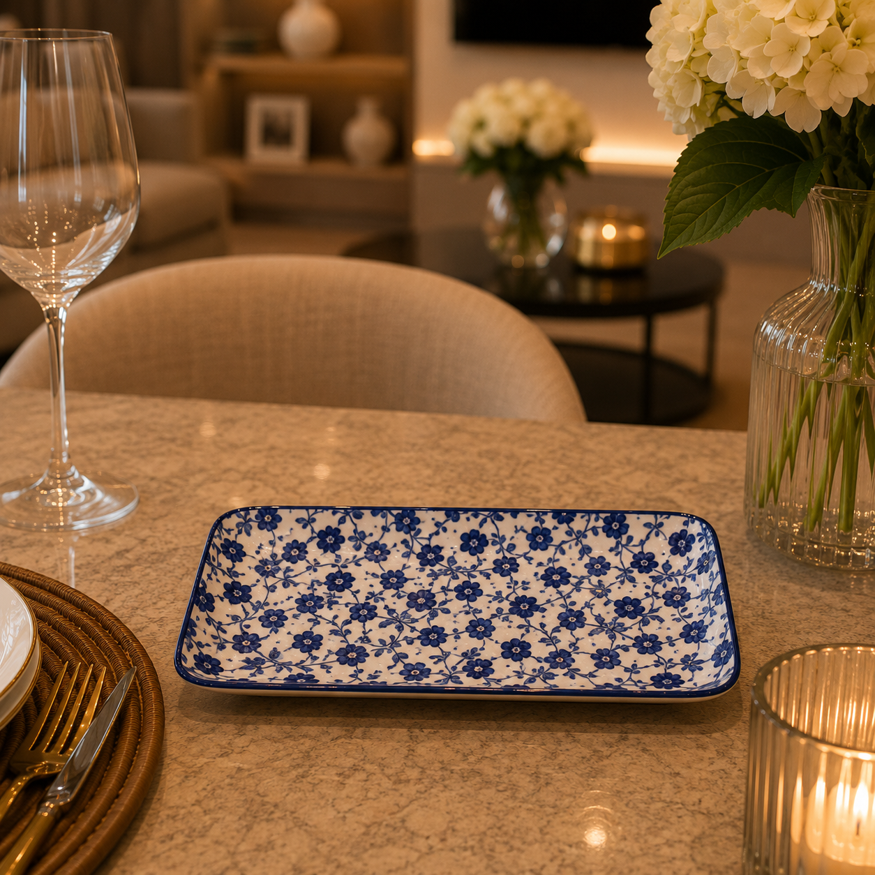 Danny Home Blue Flower 8-Inch Ceramic Rectangular Plate