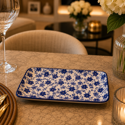 Danny Home Blue Flower 7-Inch Ceramic Rectangular Plate