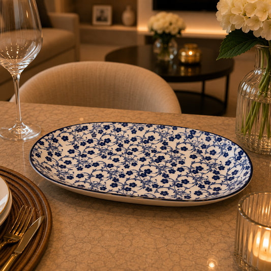 Danny Home Blue Flower 12-Inch Ceramic Oval Serving Plate