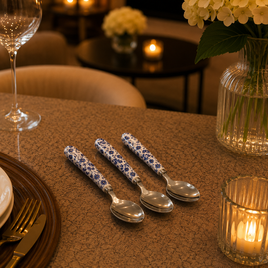 Danny Home Blue Flower Dessert Spoon Set – 3 Pieces (16 cm)