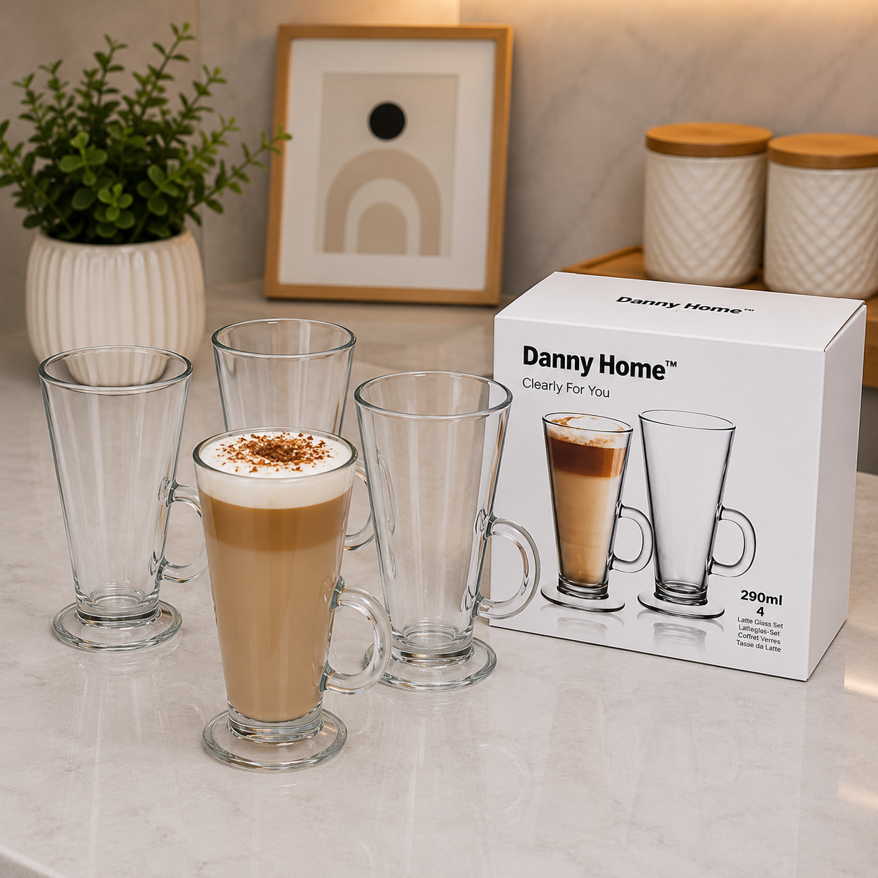 Danny Home Glass Latte Mug Set – 290ml (4 Pcs)