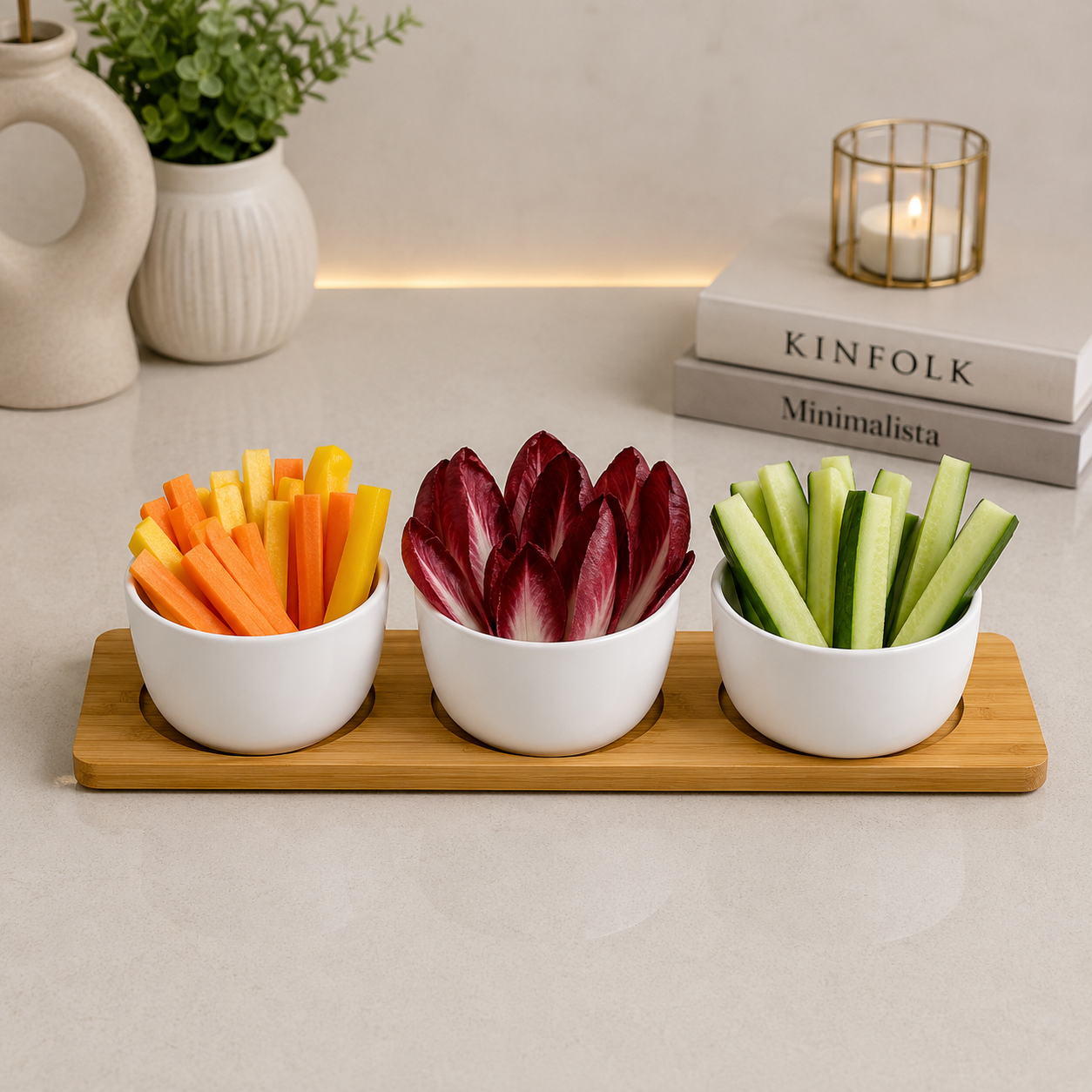 Danny Home Ceramic Bowl & Bamboo Tray Set – 4 Pcs (5.6")