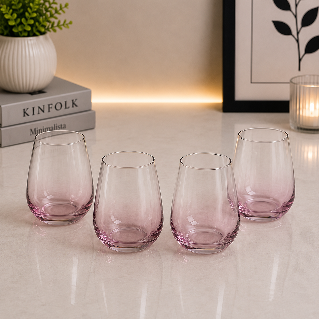 Danny Home Pink Ombre Stemless Glass Set – 330ml (4 Pcs)