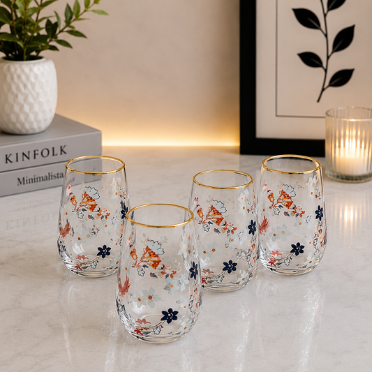 Danny Home Floral Glass Tumbler Set – 410ml (4 Pcs)