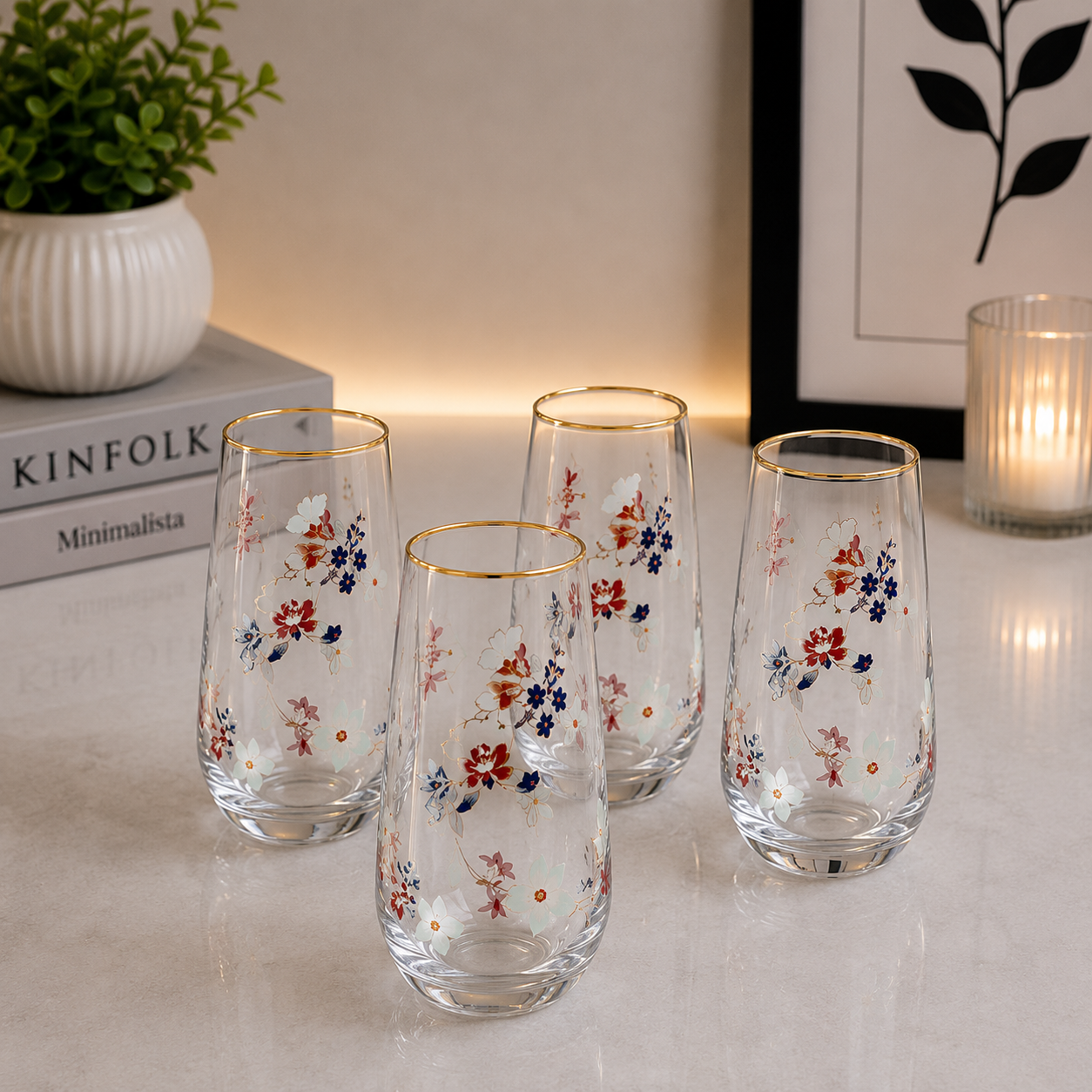 Danny Home Floral Highball Glass Set – 560ml (4 Pcs)
