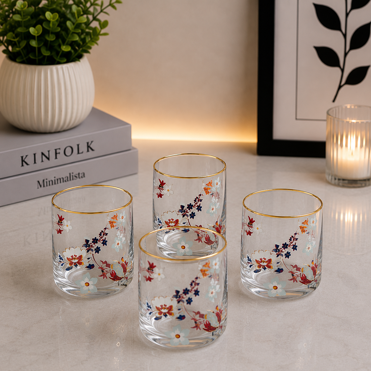 Danny Home Floral Glass Tumbler Set – 390ml (4 Pcs)