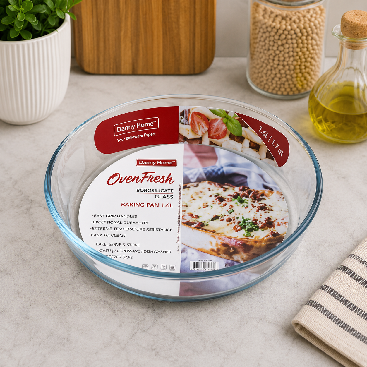 Danny Home Round Borosilicate Glass Baking Pan – 1.6L
