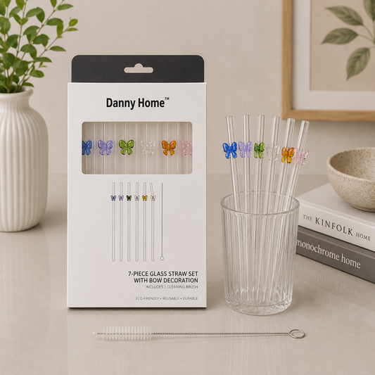 Danny Home 7Pcs Glass Straw Set with Bow Decoration – 20cm