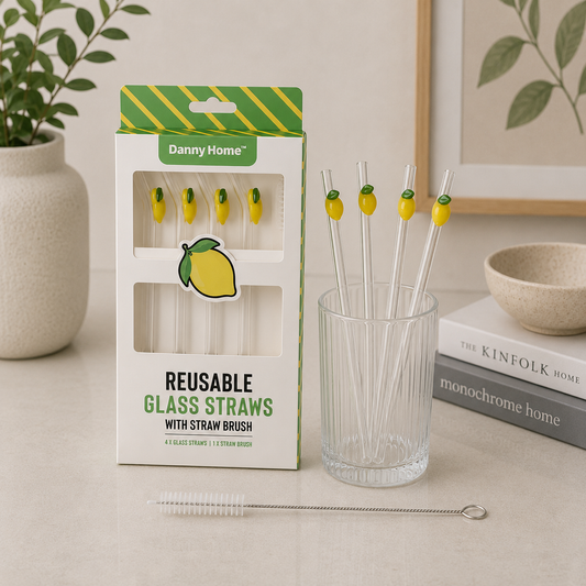 Danny Home 5Pcs Glass Straw Set with Lemon Decoration – 20cm