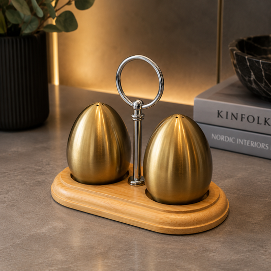 Golden Salt & Pepper Shaker Set with Bamboo Holder