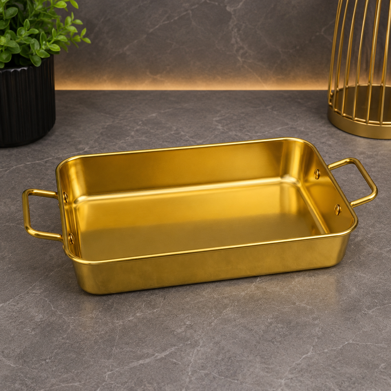 Luxury Golden Stainless Steel Serving Dish with Handles – 30cm