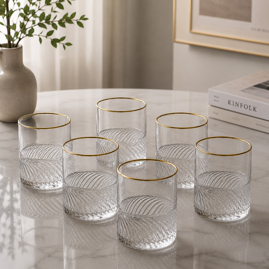 Luxe Gold Rim Swirl Glass Tumbler Set – 6 Pieces