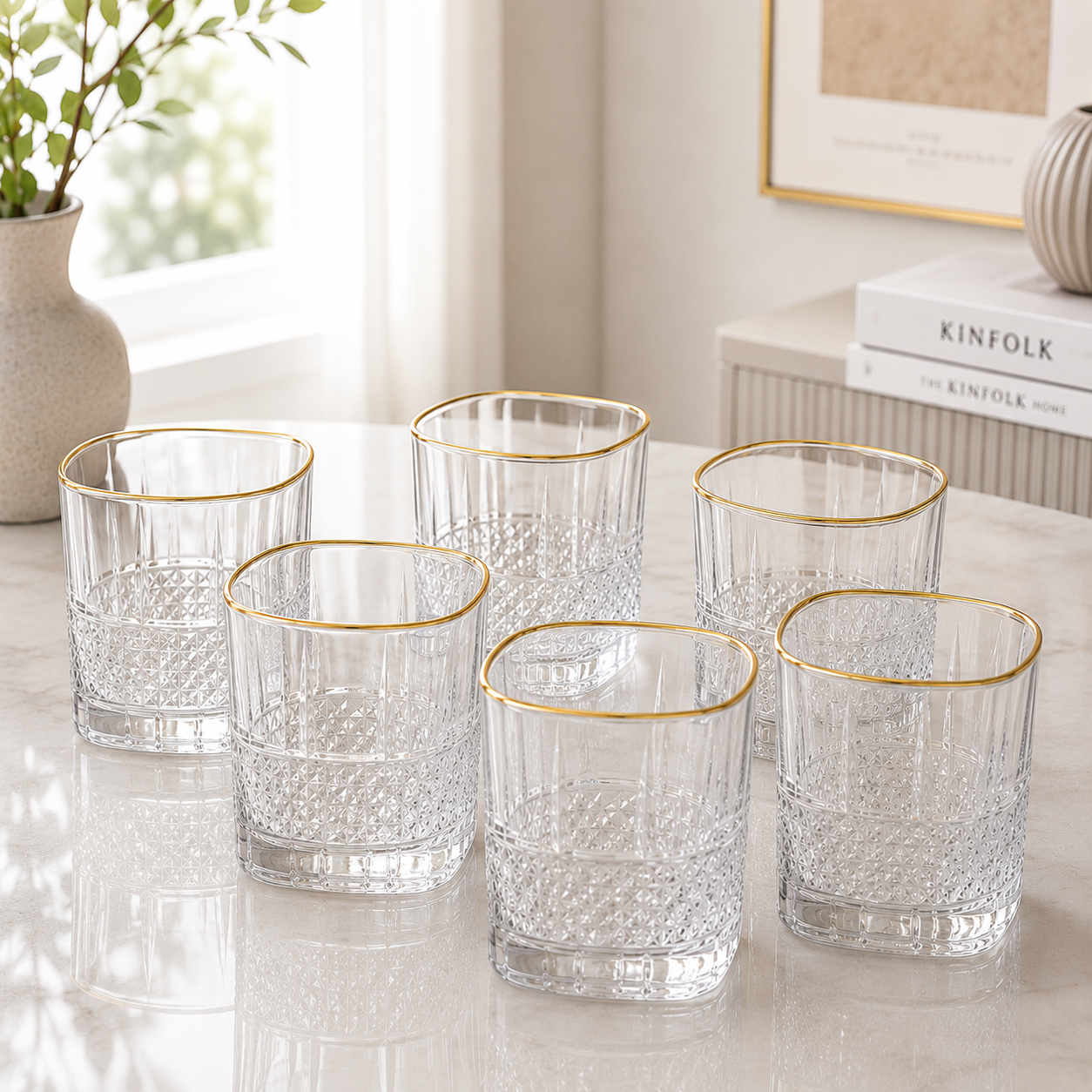 Luxe Gold Rim Crystal Tumbler Glass Set – 6 Pieces