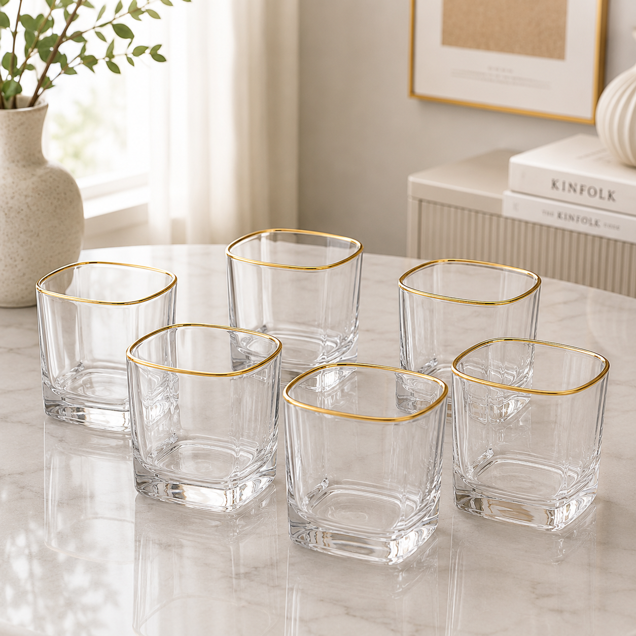 Luxe Gold Rim Square Glass Tumbler Set – 6 Pieces