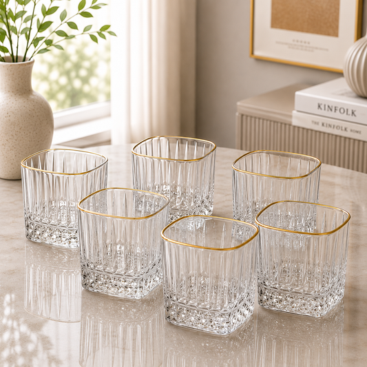 Luxe Gold Rim Square Crystal Glass Tumbler Set – 6 Pieces
