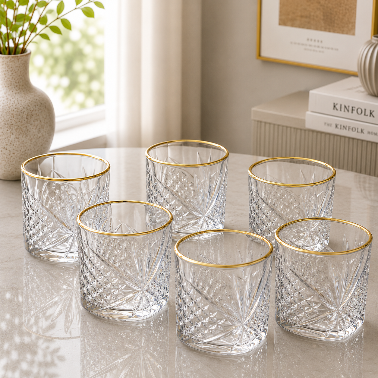 Luxe Gold Rim Crystal Cut Glass Tumbler Set – 6 Pieces