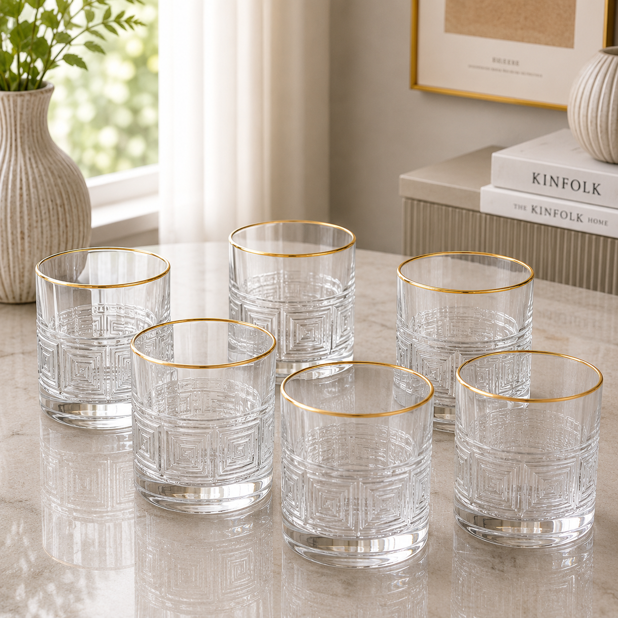 Luxe Gold Rim Greek Key Crystal Glass Tumbler Set – 6 Pieces