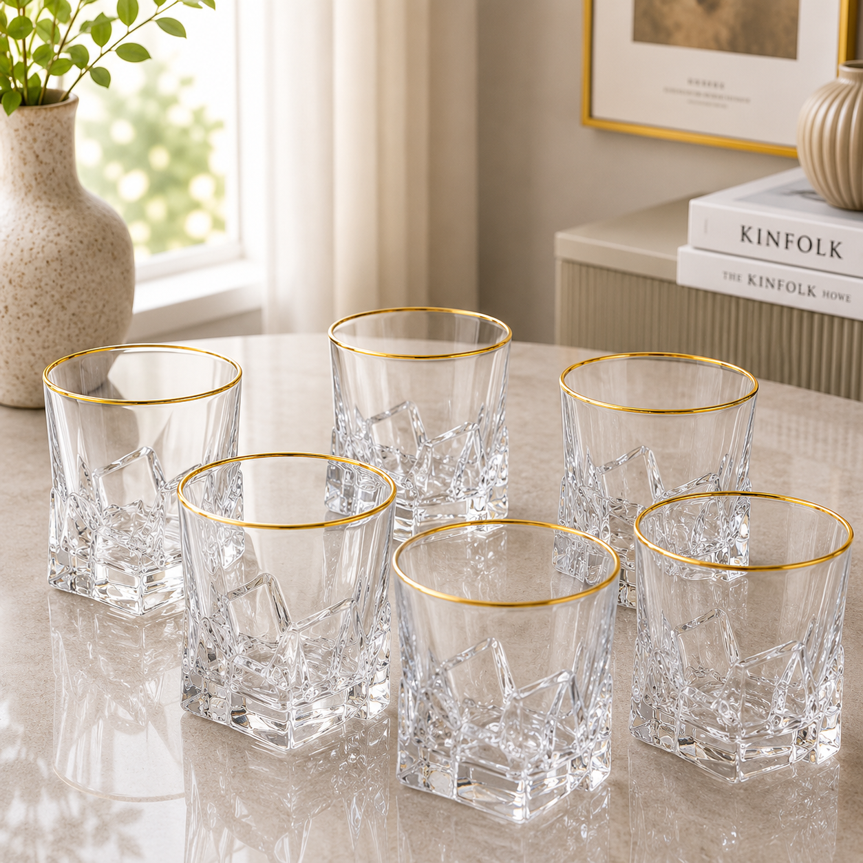 Luxe Gold Rim Ice Crystal Glass Tumbler Set – 6 Pieces