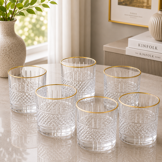 Luxe Gold Rim Diamond Texture Glass Tumbler Set – 6 Pieces