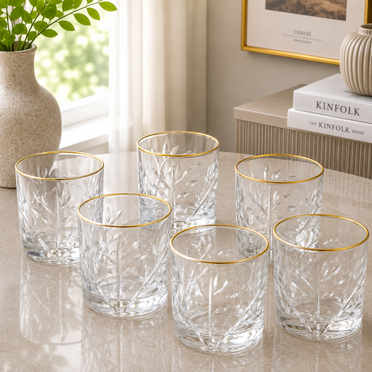 Luxe Gold Rim Botanical Crystal Glass Tumbler Set – 6 Pieces