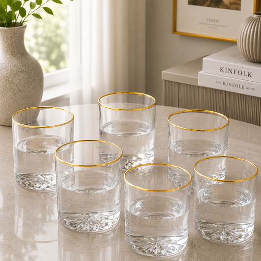 Luxe Gold Rim Crystal Base Glass Tumbler Set – 6 Pieces