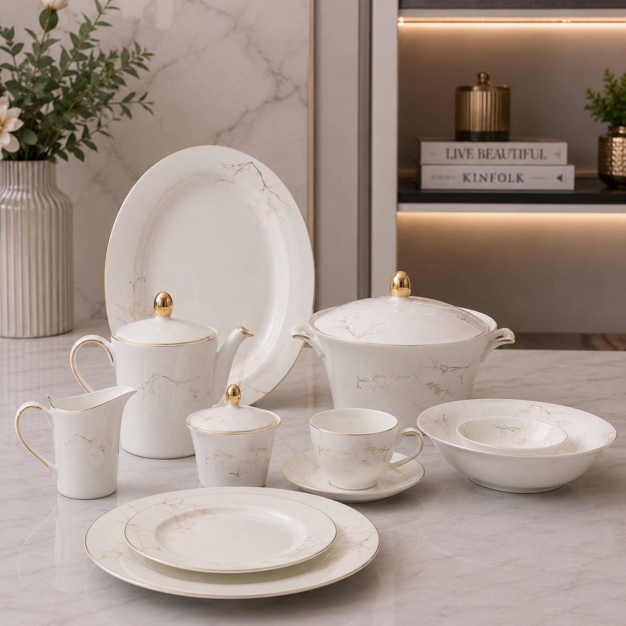 Ivory Marble Luxe Porcelain Dinner Set – 61 Pieces