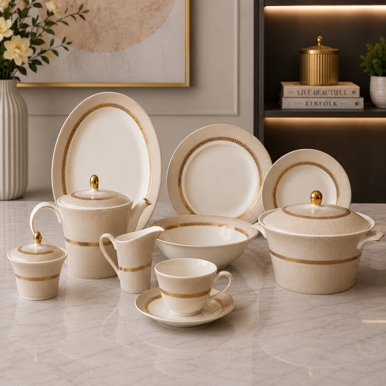 Royal Linen Gold Porcelain Dinner Set – 61 Pieces