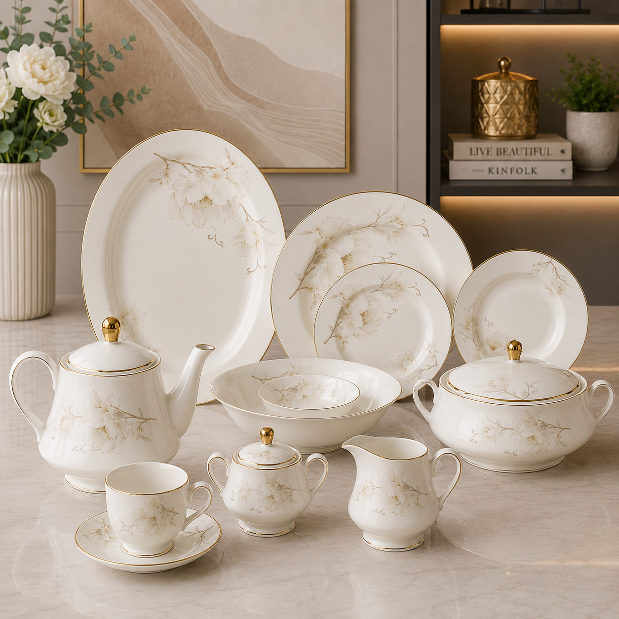 Ivory Blossom Grace Porcelain Dinner Set – 61 Pieces