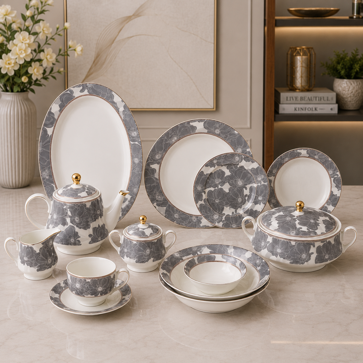 Silver Flora Prestige Porcelain Dinner Set – 61 Pieces