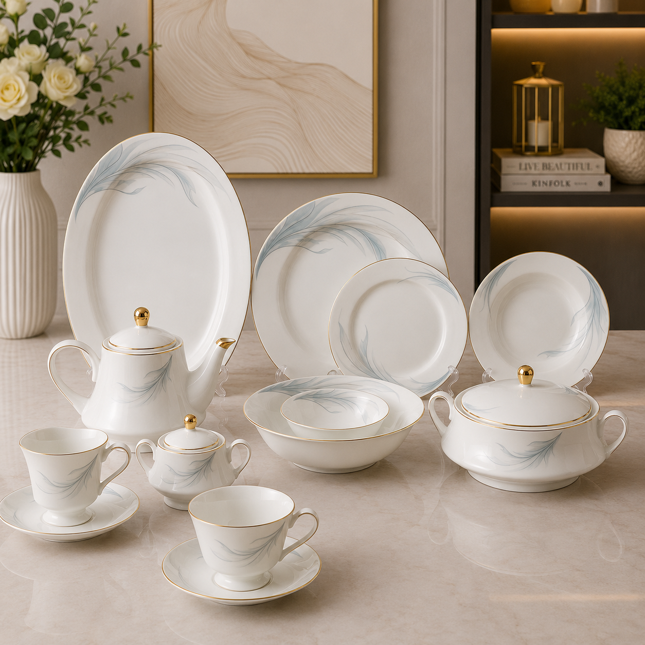 Ocean Breeze Porcelain Dinner Set – 61 Pieces