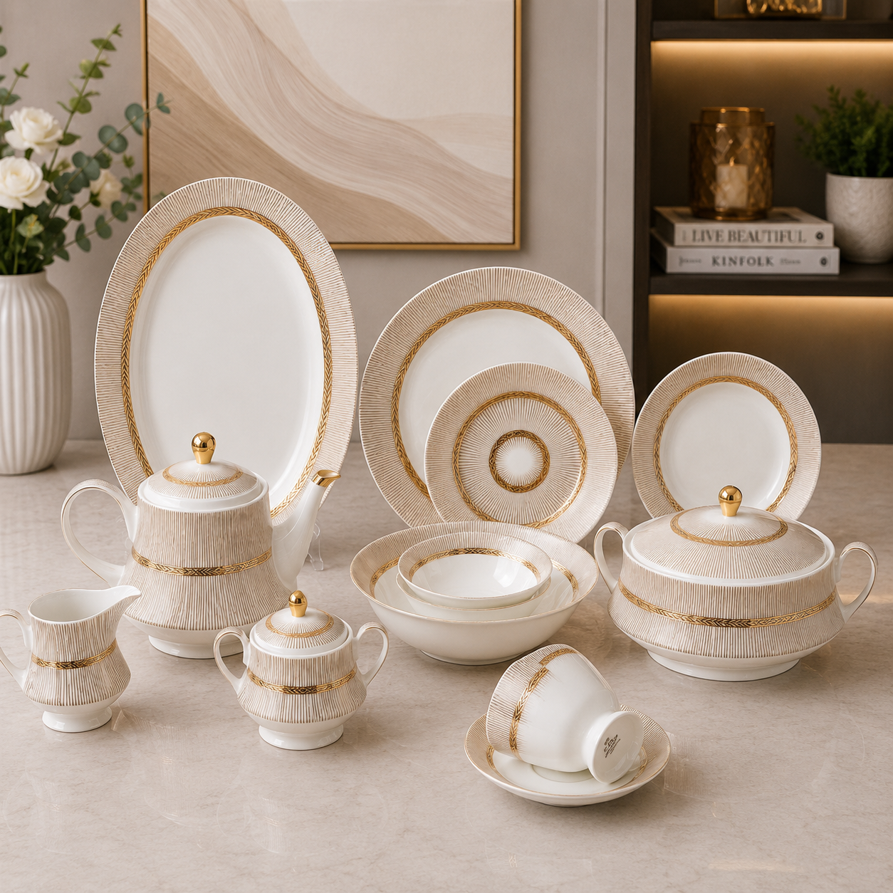 Golden Harmony Porcelain Dinner Set – 61 Pieces
