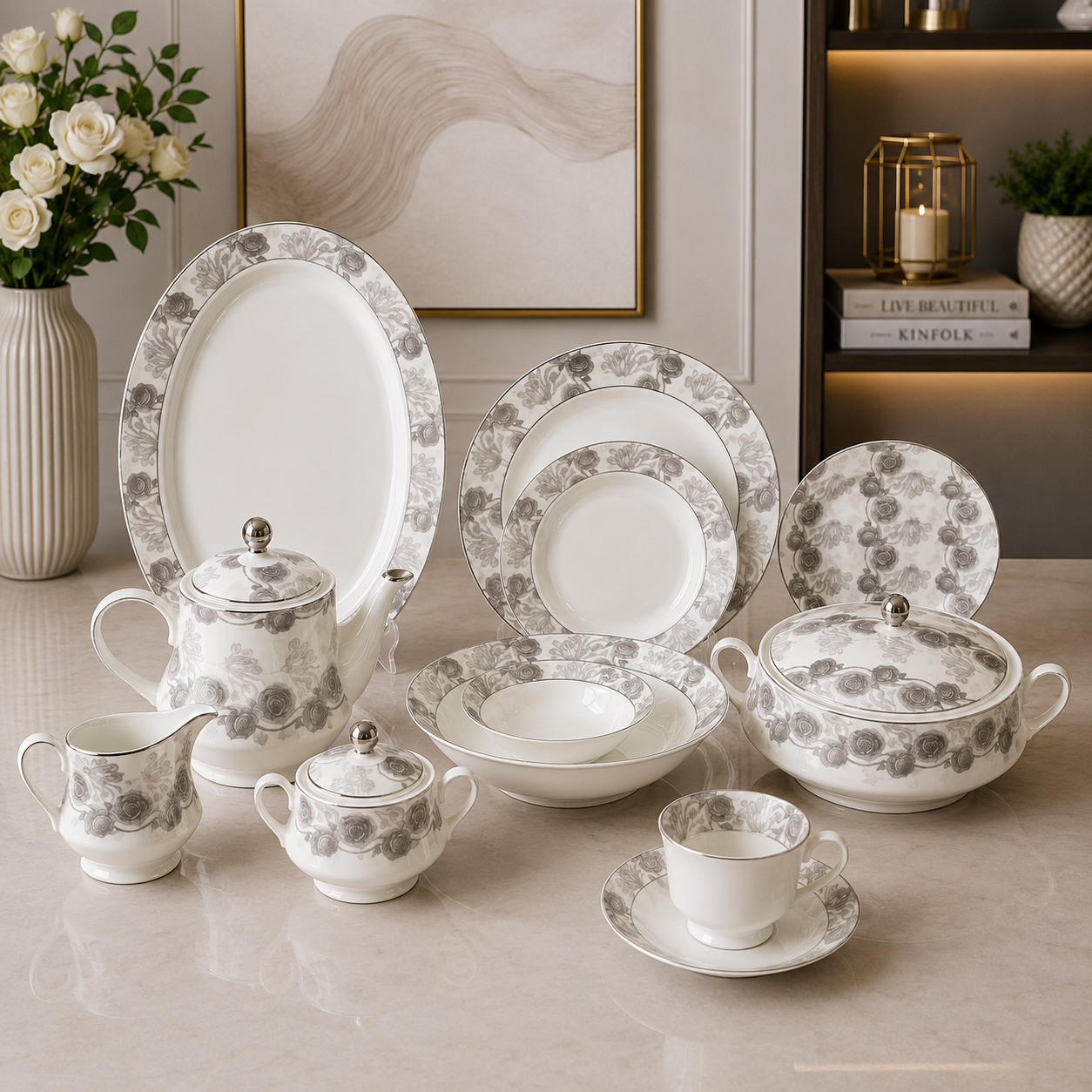 Platinum Rose Elegance Porcelain Dinner Set – 61 Pieces