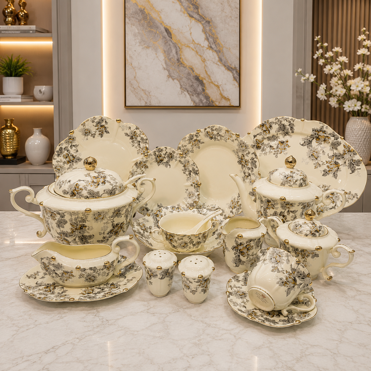Royal Albert 75 Pcs Dinner Set – Premium Grey Floral Bone China Collection