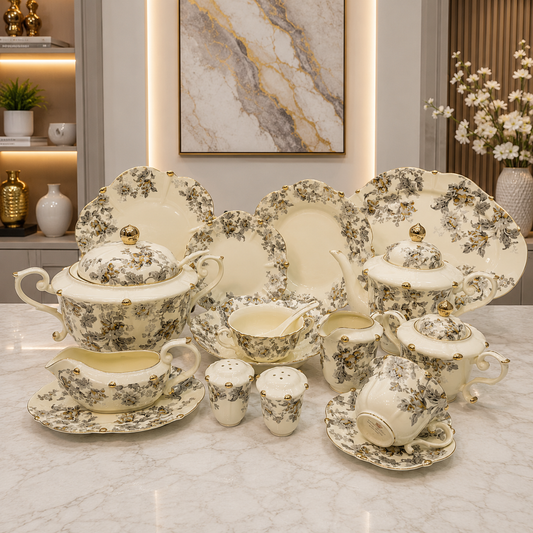 Royal Albert 75 Pcs Dinner Set – Premium Grey Floral Bone China Collection