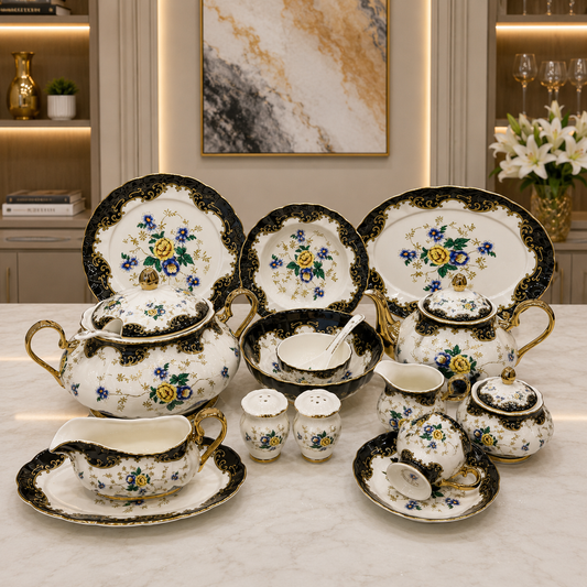 Royal Albert 75 Pcs Dinner Set – Premium Black & Gold Floral Bone China Collection