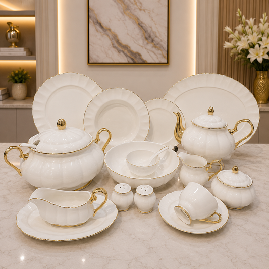 Royal Albert 75 Pcs Dinner Set – Premium White & Gold Bone China Collection