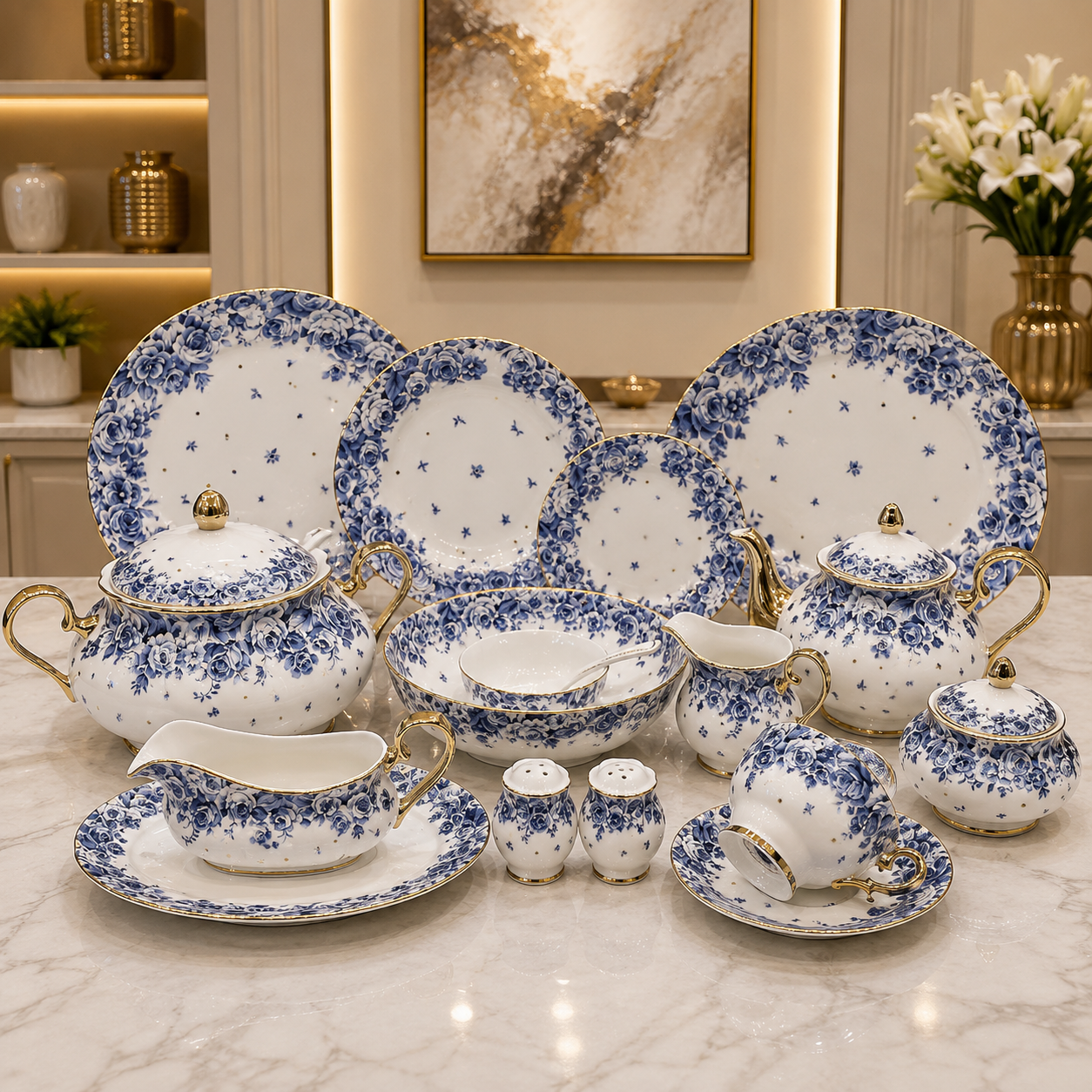 Royal Albert 75 Pcs Dinner Set – Premium Blue Rose Bone China Collection