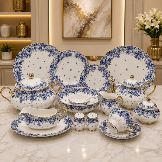 Royal Albert 75 Pcs Dinner Set – Premium Blue Rose Bone China Collection