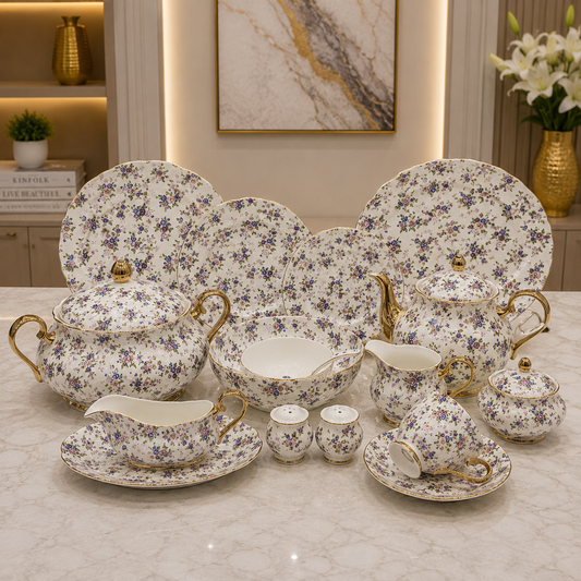 Royal Albert 75 Pcs Dinner Set – Premium Petite Blue Blossom Bone China Collection
