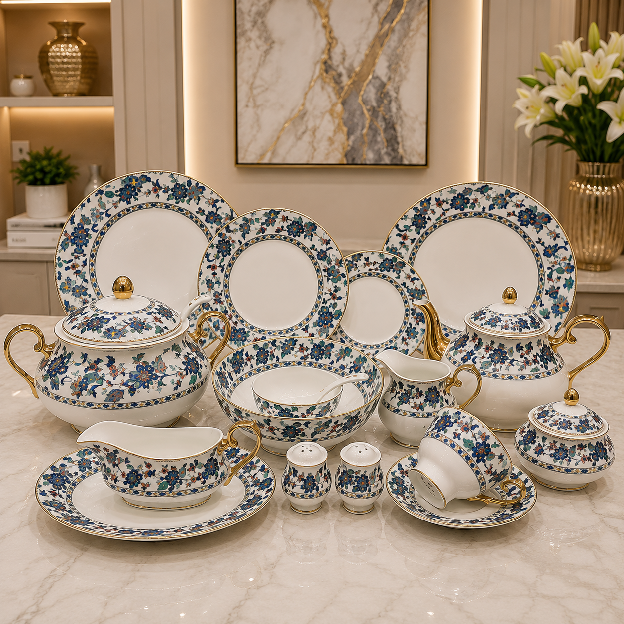 Royal Albert 75 Pcs Dinner Set – Premium Imperial Blue Bone China Collection