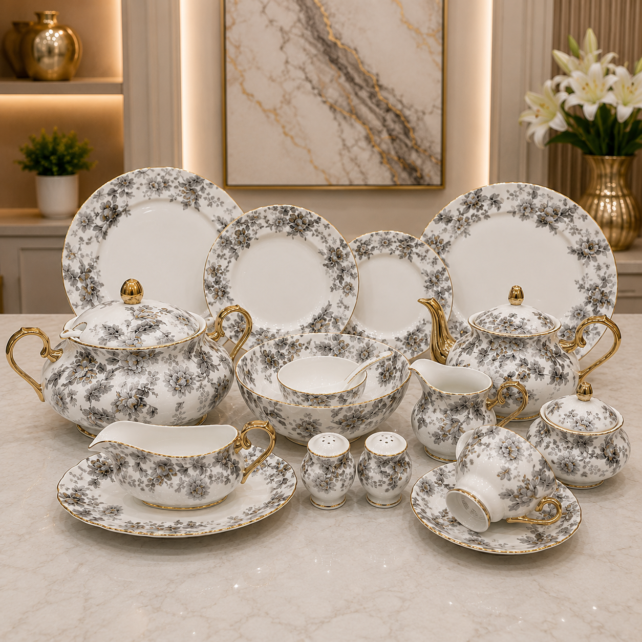 Royal Albert 75 Pcs Dinner Set – Premium Grey Blossom Bone China Collection