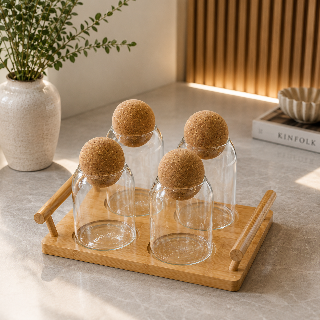 Nordic Ball Top 4-Piece Glass Jar Set with Bamboo Stand