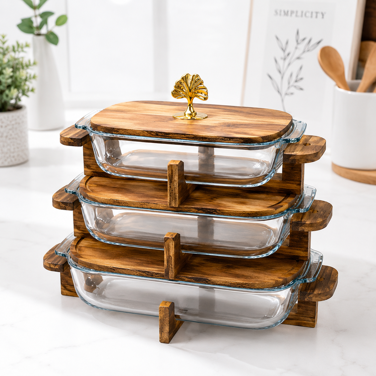 Walnut Wood Rectangular Glass Serving Dish with Stand