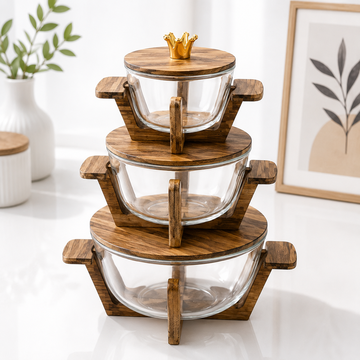 Walnut Wood Glass Salad Bowl with Lid & Stand